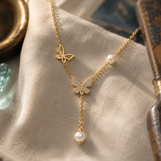 FINAL -  Gold Pearl Butterfly Necklace with Tassel
