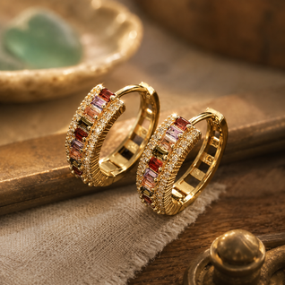 FINAL - Gold Hoop Earrings with Multicolor Stones (Pair)