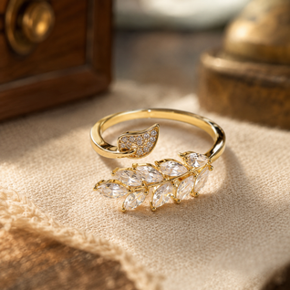 FINAL - 18K Zirconia Crystal Leaf Ring (Adjustable)